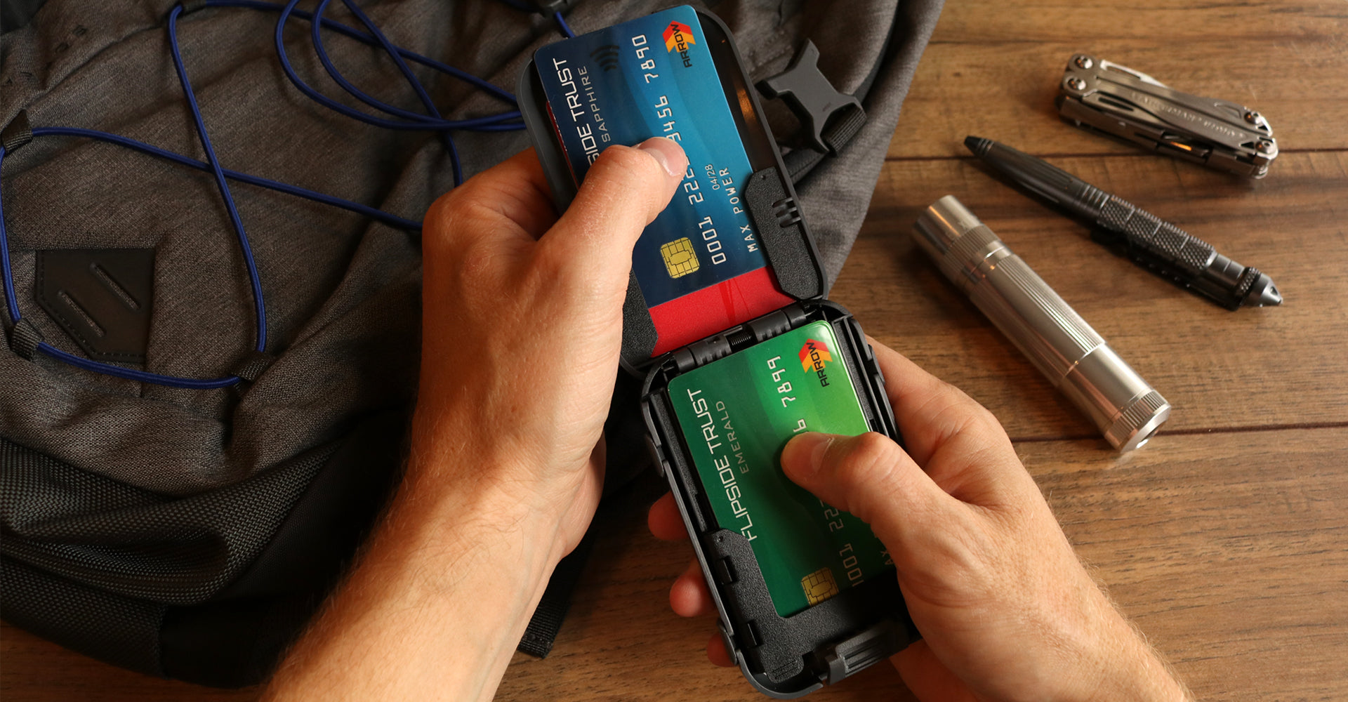 flip open to your cards with the push of a button and sort through cards easily